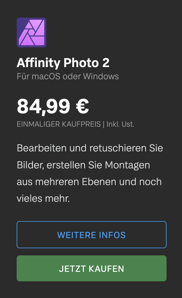 Affinity Photo 2 - einmal bezahlen - kein Abo